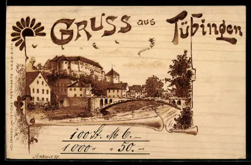 Holzbrand-Imitations-AK Tübingen, Blick zum Schloss
