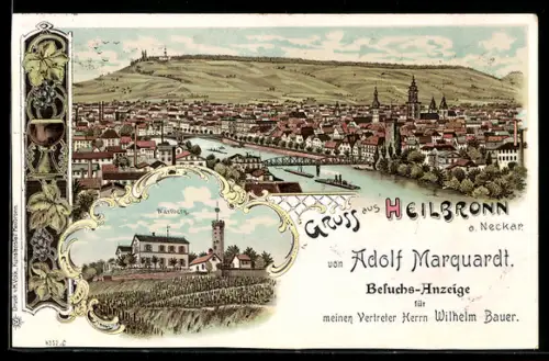 Lithographie Heilbronn a. Neckar, Totalansicht der Stadt mit Neckarbrücke, Wartberg mit Turm