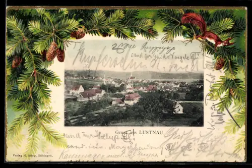 Passepartout-Lithographie Lustnau, Gesamtansicht aus der Ferne, im Nadelbaum-Passepartout