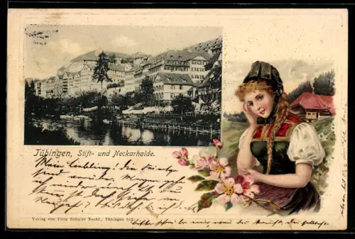 Passepartout-Lithographie Tübingen, Stift- und Neckarhalde, junge Frau in Tracht