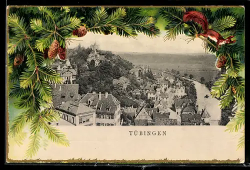 Passepartout-Lithographie Tübingen, Ortsansicht mit Fluss, Eichhörnchen in Nadelzweigen