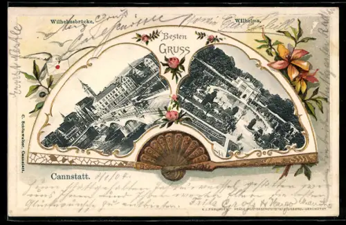 Passepartout-Lithographie Cannstatt, Wilhelmsbrücke und Wilhelma, Fächer mit Brieftaube