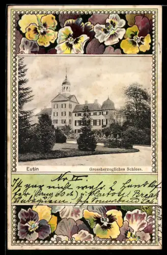 AK Eutin, Grossherzogliches Schloss im Jugendstil-Passepartout mit Stiefmütterchen