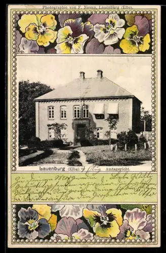 AK Lauenburg /Elbe, Amtsgericht im Jugendstil-Passepartout mit Stiefmütterchen