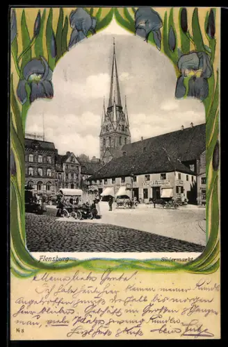 AK Flensburg, Südermarkt im Jugendstil-Passepartout mit blauen Blumen