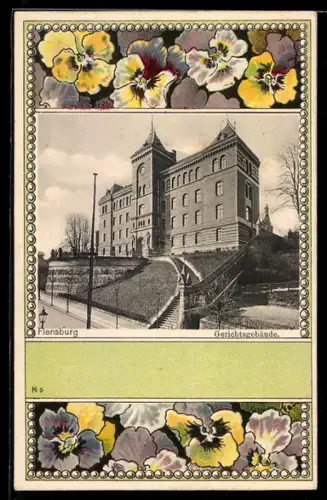 AK Flensburg, Gerichtsgebäude im Jugendstil-Passepartout mit Stiefmütterchen