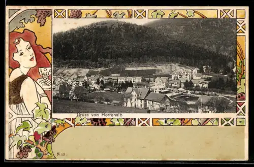 AK Herrenalb, Ortsansicht im Jugendstil-Passepartout, Dame mit Krug