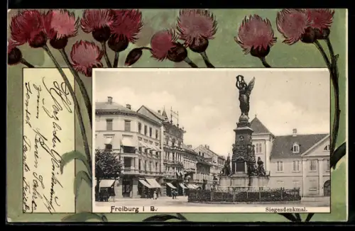AK Freiburg i. B., Siegesdenkmal im Jugendstil-Passepartout mit Pflanzen