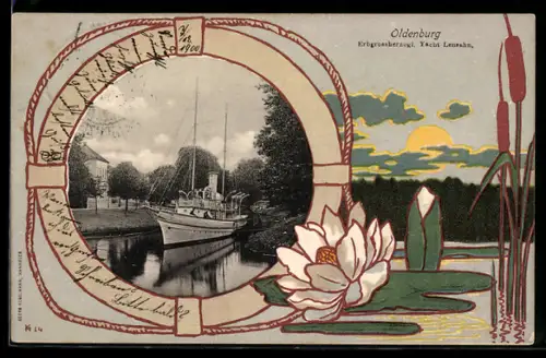 AK Oldenburg, Erbgrossherzogl. Yacht Lensahn im Jugendstil-Passepartout mit Rettungsring