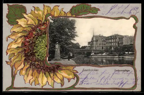 AK Saarbrücken, Luisenanlage im Jugendstil-Passepartout mit Sonnenblume