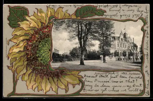 AK Hannover, Parkhaus im Jugendstil-Passepartout mit Sonnenblume