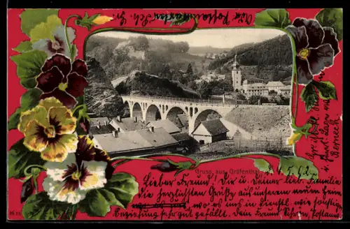 AK Gräfenthal, Ortsansicht mit Brücke, Stiefmütterchen