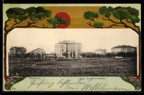 AK Northeim, Königl. Schullehrer-Seminar im Jugendstil-Passepartout mit Bäumen