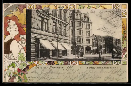 AK Neumünster, Kuhberg Ecke Kielerstrasse mit Kaufhaus, Passepartout