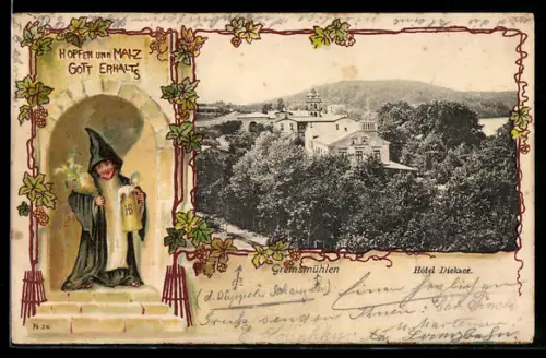 AK Gremsmühlen, Hotel Dieksee im Jugendstil-Passepartout mit Münchner Kindl