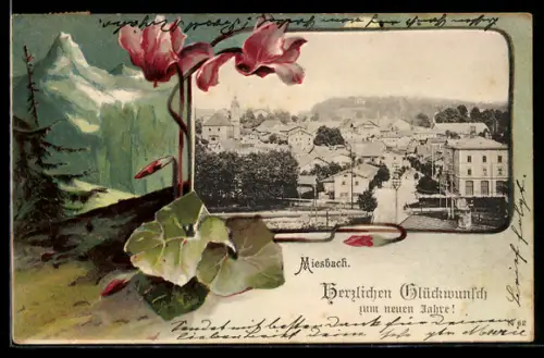 AK Miesbach, Ortsansicht im Jugendstil-Passepartout mit Berggipfel