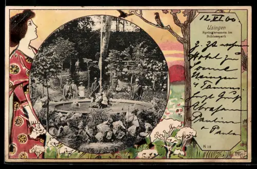 AK Usingen, Springbrunnen im Schlosspark, Frau im Kleid mit Blumen
