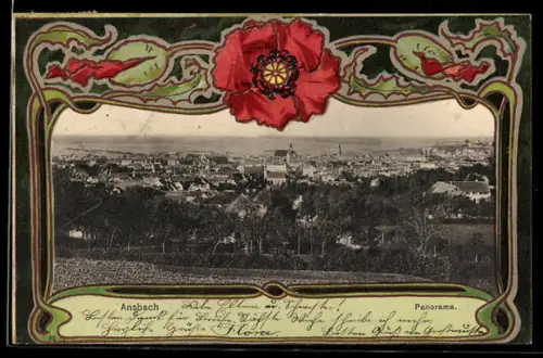 AK Ansbach, Panorama im Jugendstil-Passepartout mit Mohnblumen