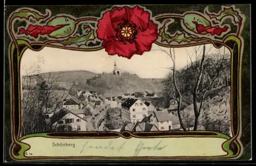 AK Schönberg, Ortsansicht mit Kirche im Jugendstil-Passepartout mit Mohnblumen
