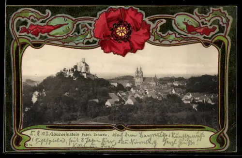 AK Gössweinstein /Fränk. Schweiz, Ortsansicht im Jugendstil-Passepartout mit Mohnblumen