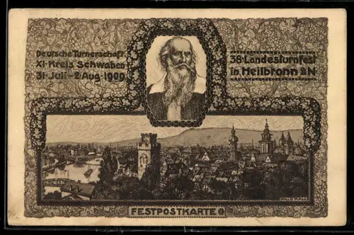 AK Heilbronn, 38. Landes-Turnfest 1909, Sicht über den Ort, Portrait von Turnvater Jahn