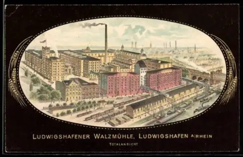 Lithographie Ludwigshafen a. Rhein, Ludwigshafener Walzmühle, Totalansicht