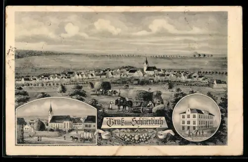AK Schlierbach / Teck, Rathaus, Teilansicht mit Kirche und Kutsche, Totale