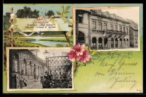 AK Gonsenheim, Ansichten des Gasthauses Zur Krone, Inh. Conrad C. Becker