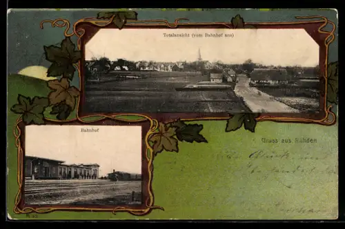 Lithographie Rahden, Teilansicht vom Bahnhof aus, Blick auf den Bahnhof