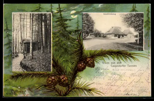 Passepartout-Lithographie Kasseedorf, Gasthaus Sandfeldkrug in den Cassedorfer Tannen