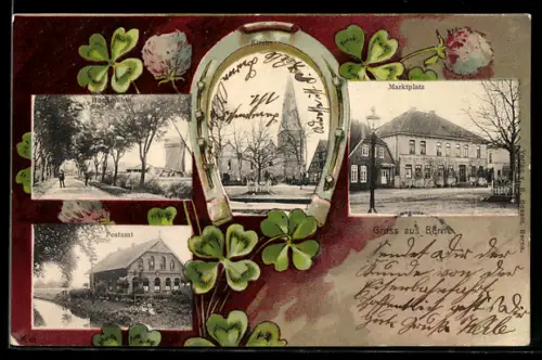 Lithographie Berne, Marktplatz, Kirche, Postamt, Bockmühle