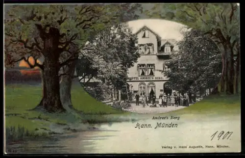 Passepartout-Lithographie Hann. Münden, Hotel-Pension Andree`s Berg, Landschaft im letzten Tageslicht