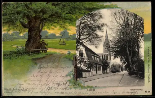 Passepartout-Lithographie Tostedt, Strasse am Himmelsweg mit Blick zur Kirche, Wanderer bei einer Verschnaufpause