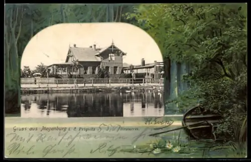 Lithographie Meyenburg i. d. Prignitz, Ansicht der Brauerei, Passepartout mit Ruderboot