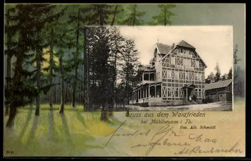 AK Mühlhausen i. Th., Gasthof Waldfrieden im Passepartoutrahmen