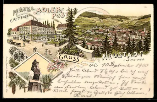 Lithographie Neustadt, Hotel Adler-Post v. E. Ketterer, Frau in Tracht, Ortsansicht