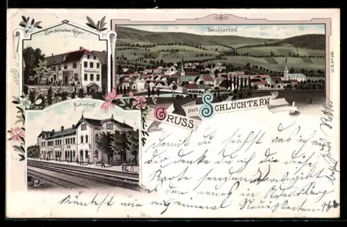 Lithographie Schlüchtern, Bahnhof, Gasthaus zum deutschen Kaiser