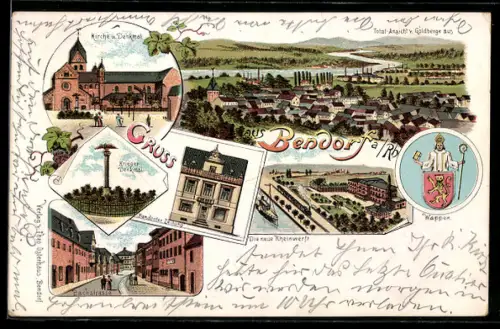 Lithographie Bendorf a. Rh, Wappen, Bendorfer Zeitung, Rheinwerft, Bachstr.