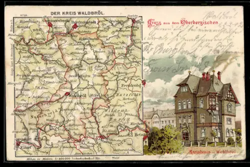 AK Waldbröl, Kreishaus, Landkarte vom Kreis Waldbröl