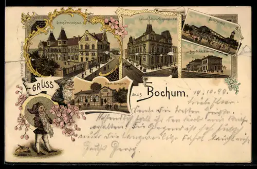 Lithographie Bochum, Evang. Vereinshaus, Kaiserl. Post- und Telegraphenamt, Berg. Märk. Bahnhof, Zwerge