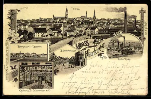 Lithographie Neunkirchen, Bergmann`s Latareth, Kaufhaus B. Schweriner & Co.