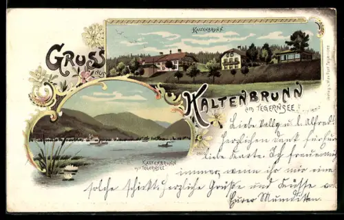 Lithographie Kaltenbrunn / Tegernsee, Häuser am Tegernsee, Dampfer auf dem See