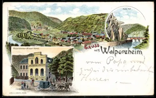Lithographie Walporzheim, Wein-Restaurant, Winzer-Verein, Ortsansicht mit Weinbergen, Bunte Kuh