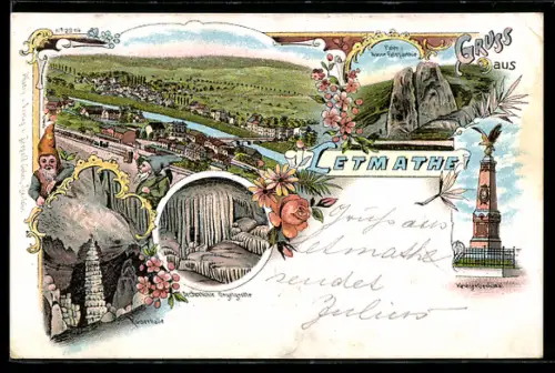 Lithographie Letmathe, Kriegerdenkmal, Dechenhöhle, Ortsansicht