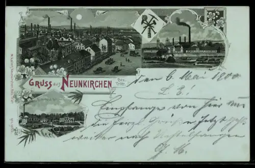 Mondschein-AK Neunkirchen /Trier, Ortsansicht mit Fabrik, Zechenhaus Rothwald
