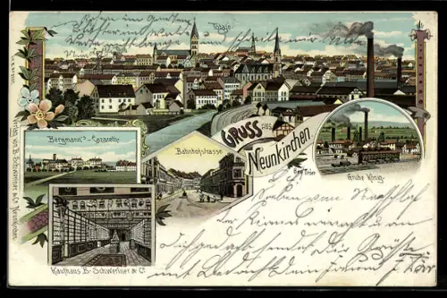 Lithographie Neunkirchen, Bergmann`s Latareth, Kaufhaus B. Schweriner & Co.