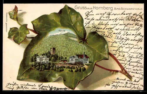 Passepartout-Lithographie Hornberg /Bad. Schwarzwald, Blick auf das Schloss im Efeu-Blatt