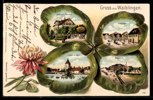 Passepartout-Lithographie Waiblingen, Gasthaus zum Bahnhof, Postplatz, Bahnhof, Kleeblatt