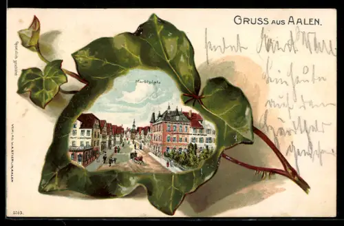 Passepartout-Lithographie Aalen, Marktplatz, Ansicht auf Efeublatt