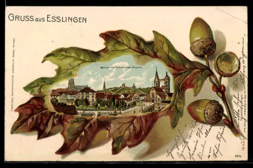 Passepartout-Lithographie Esslingen, Blick vom Schmelztorturm im Eichenblatt